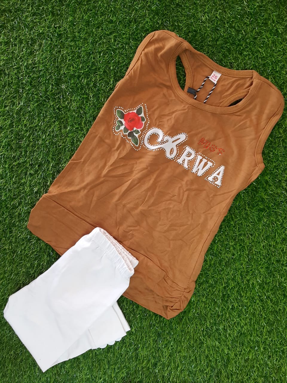 KIDS CAMP LEGGING AND TOP, BROWN COLOUR TOP WHITE PANT FOR KIDS