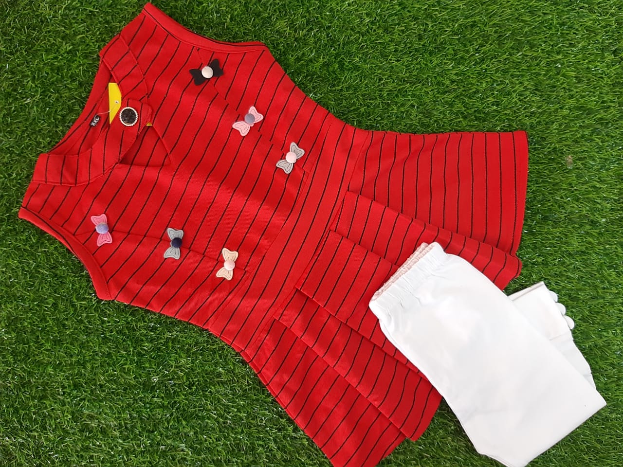KIDS CAMP LEGGING AND TOP, LINED RED COLOUR TOP WHITE PANT FOR KIDS