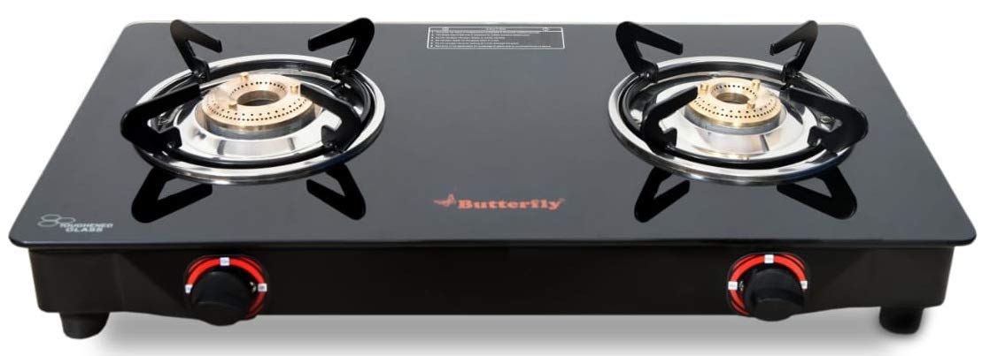 Butterfly Smart Glass Top 2 Burner Gas Stove, Black
